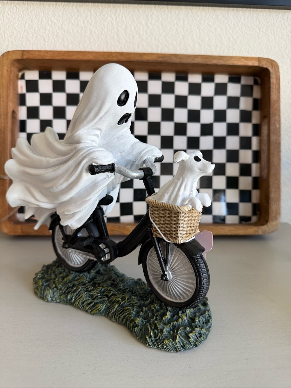 White Ghost Figurine Riding Bicycle with Dog in Basket - Picture 2 of 2